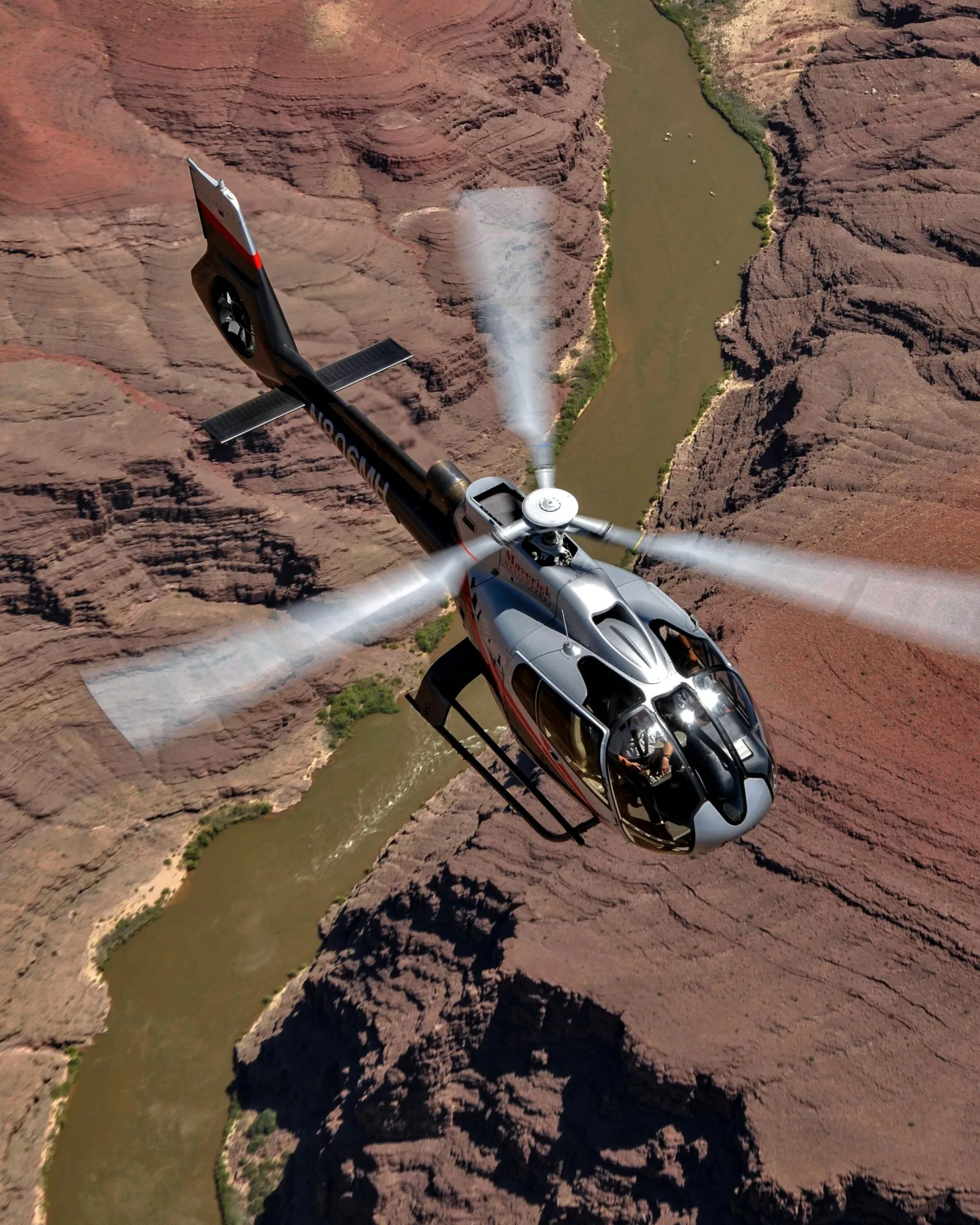 Overhead view of the helicopter tracking the Colorado River through the inner gorge