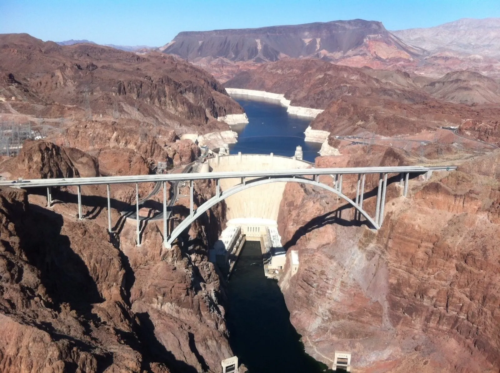 Aerial view of the Hoover Dam and the Colorado River from the helicopter on the flight out to Grand Canyon West